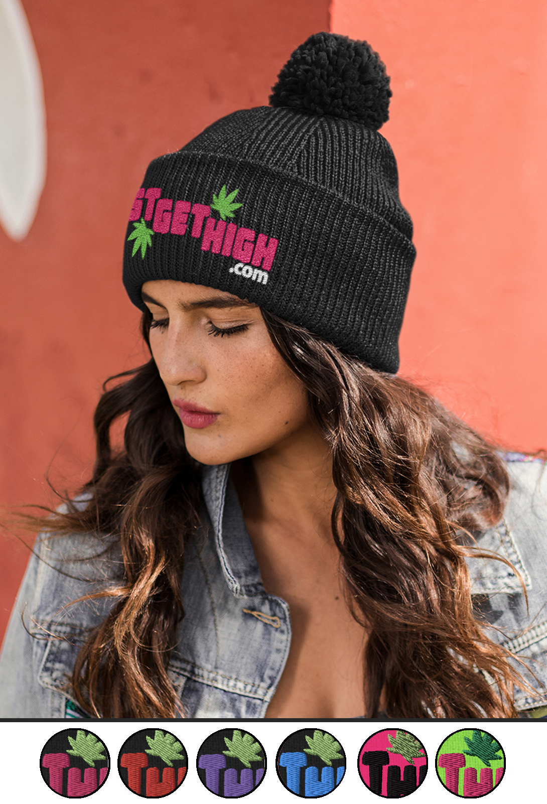 just get high_pom pom beanie_black and pink+green_model