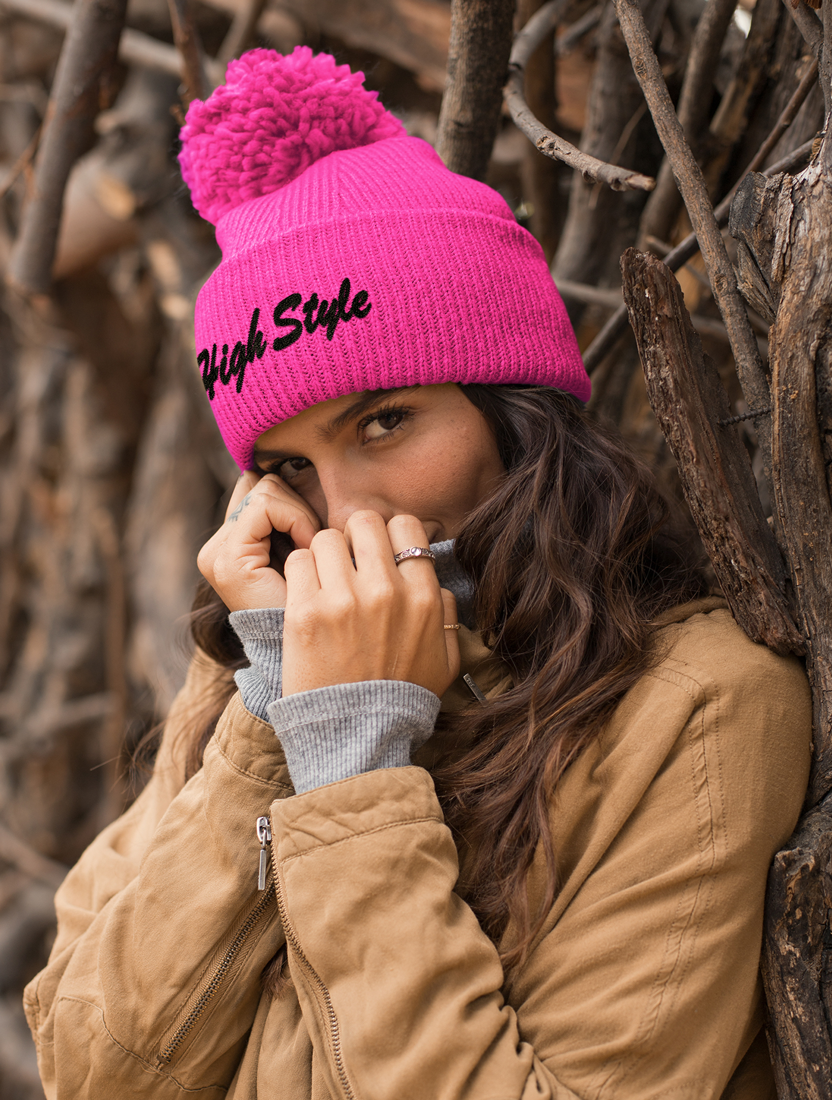 just get high_pom pom beanie_high style hot pink