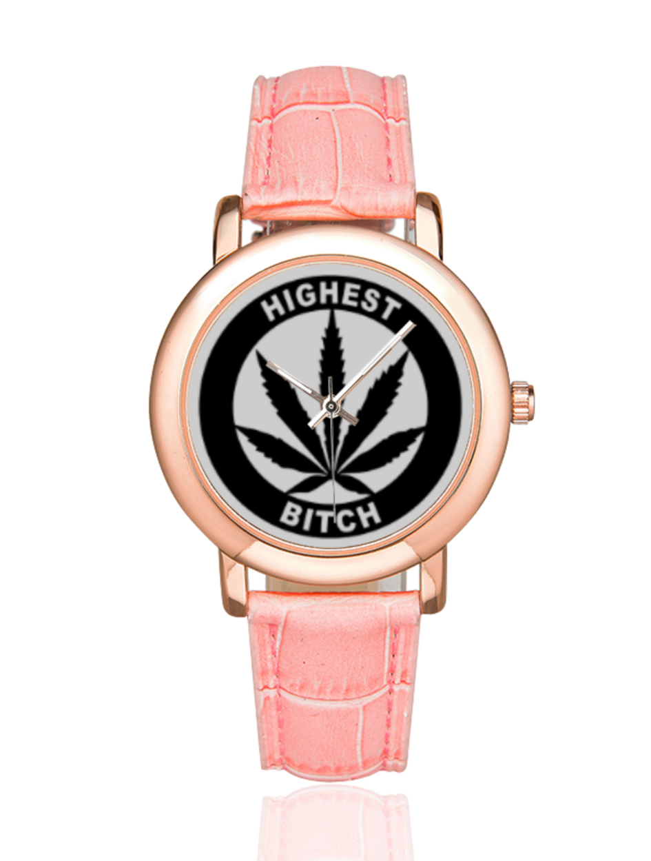 highest bitch_just get high_rose gold pink leather watch_web