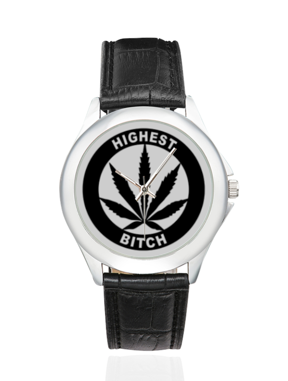 highest bitch_just get high_silver black leather watch_ web