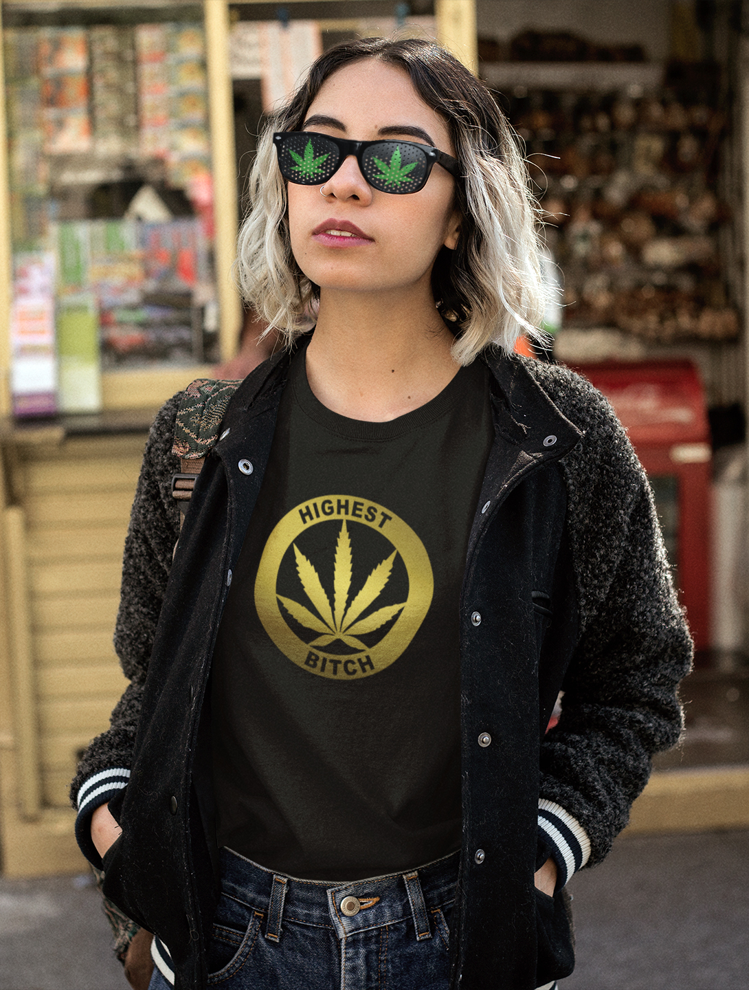 just get high_highest bitch_gold foil shirt