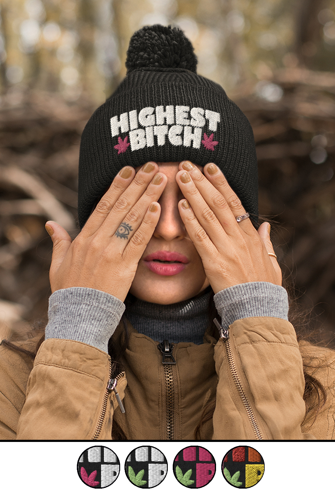 HB_just get high_pom pom beanie_black and white+pink_model_versions