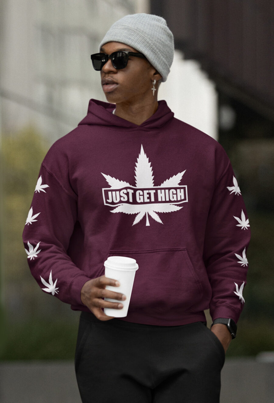Graphic Hoodie: Just Get High Leaf