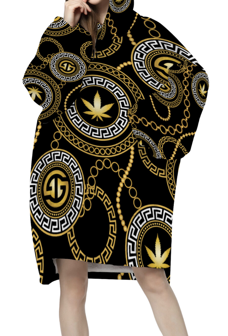 AOP Oversized Fleece Hoodie: Ganja Glam Chains